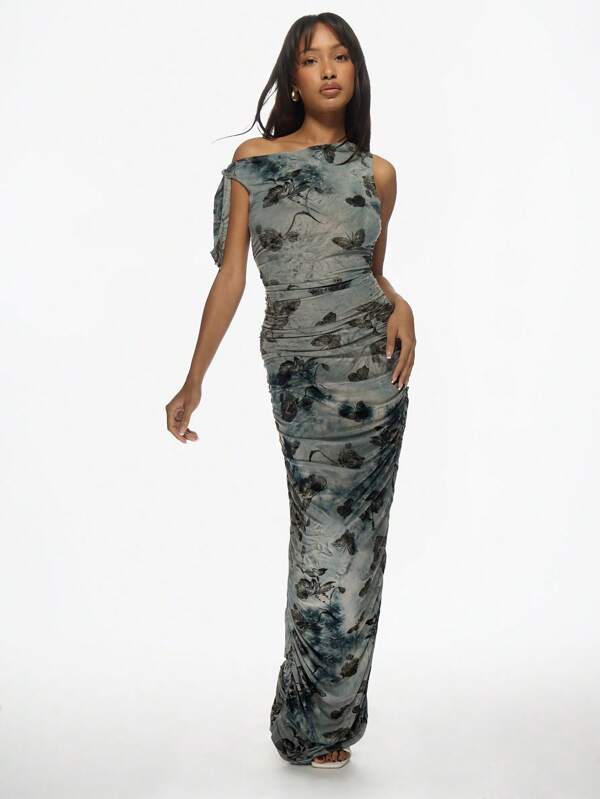 missguided MISSGUIDED Elegant One Shoulder Floral Print Long Dress