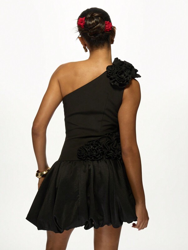 Missguided MISSGUIDED Elegant One Shoulder Mini Dress With Floral Appliques Bubble Hem