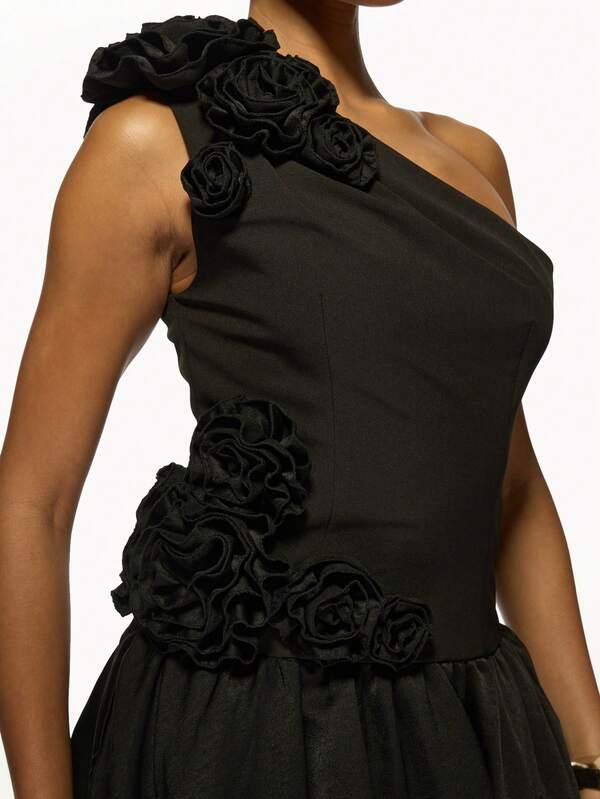 Missguided MISSGUIDED Elegant One Shoulder Mini Dress With Floral Appliques Bubble Hem