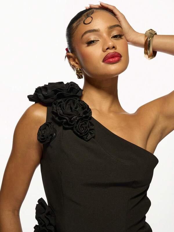 Missguided MISSGUIDED Elegant One Shoulder Mini Dress With Floral Appliques Bubble Hem