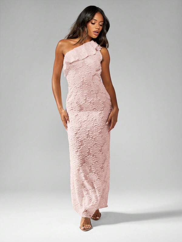 Missguided MISSGUIDED Elegant One Shoulder Ruffle Textured Devore Maxi Dress