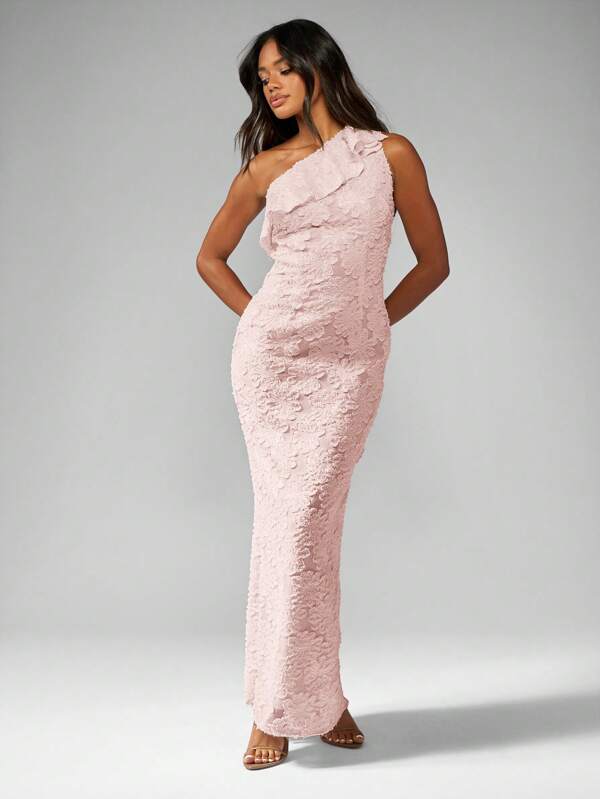 missguided MISSGUIDED Elegant One Shoulder Ruffle Textured Devore Maxi Dress