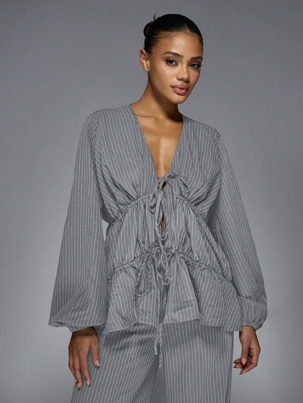Missguided MISSGUIDED Elegant Pinstripe Wide Leg Pants Two Piece Outfit
