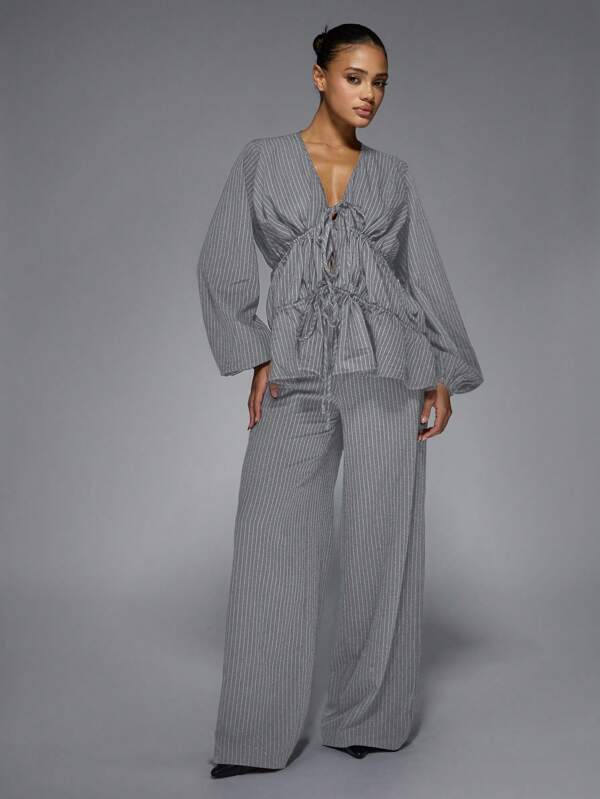missguided MISSGUIDED Elegant Pinstripe Wide Leg Pants Two Piece Outfit
