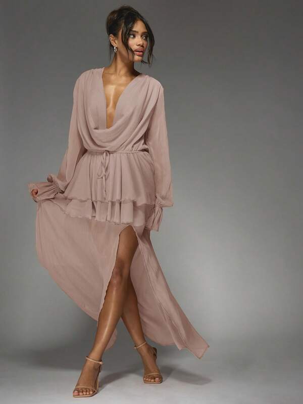 Missguided MISSGUIDED Elegant Pleated Chiffon Cowl Neck Maxi Dress
