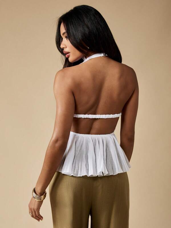 Missguided MISSGUIDED Elegant Pleated Halter Neck Peplum Style Ruched Sleeveless Blouse