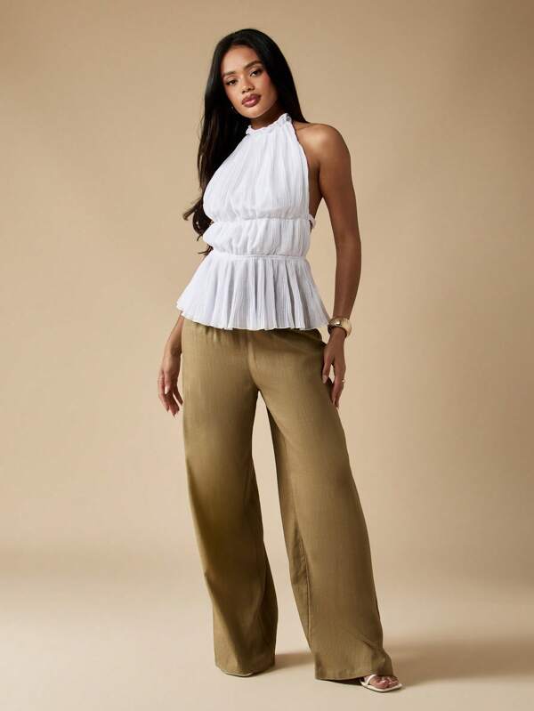 Missguided MISSGUIDED Elegant Pleated Halter Neck Peplum Style Ruched Sleeveless Blouse