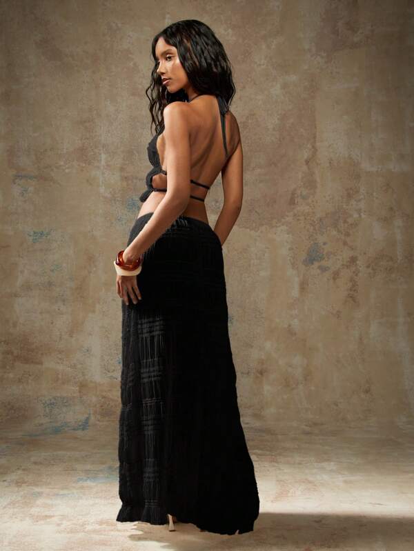 Missguided MISSGUIDED Elegant Pleated Textured Halter Crop Top Wide Leg Pants Two Piece Outfit