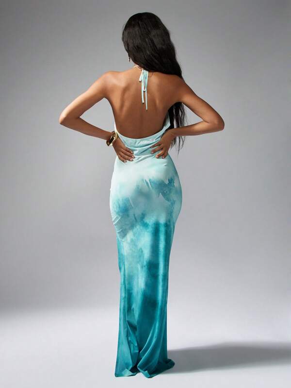 Missguided MISSGUIDED Elegant Plunge Halter Neck Sleeveless Side Slit Floor Length Maxi Dress