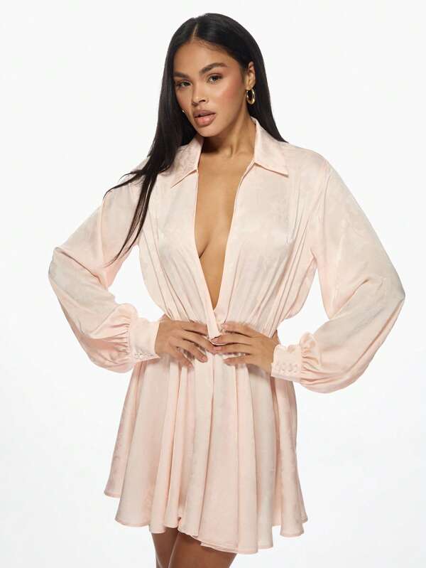 missguided MISSGUIDED Elegant Plunge Neckline Long Sleeve Satin Mini Dress