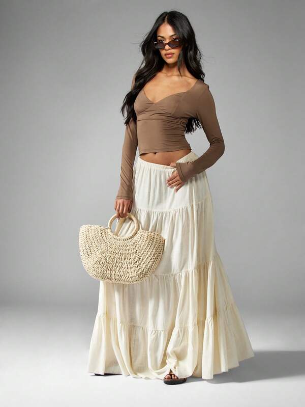 Missguided MISSGUIDED Elegant Plunge Wrap Long Sleeve Crop Top