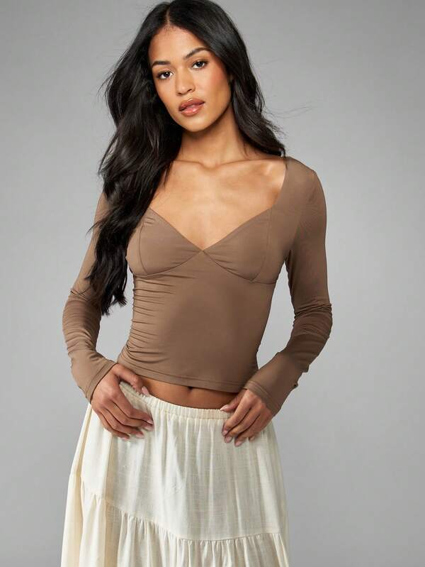 Missguided MISSGUIDED Elegant Plunge Wrap Long Sleeve Crop Top
