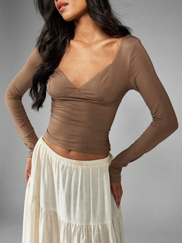 missguided MISSGUIDED Elegant Plunge Wrap Long Sleeve Crop Top