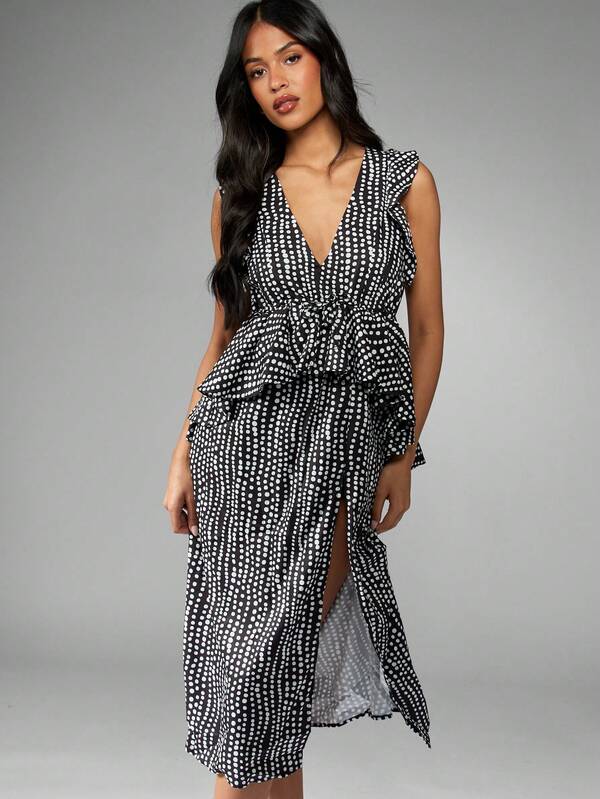 Missguided MISSGUIDED Elegant Polka Dot Ruffle Peplum High Slit V-Neck Midi Dress