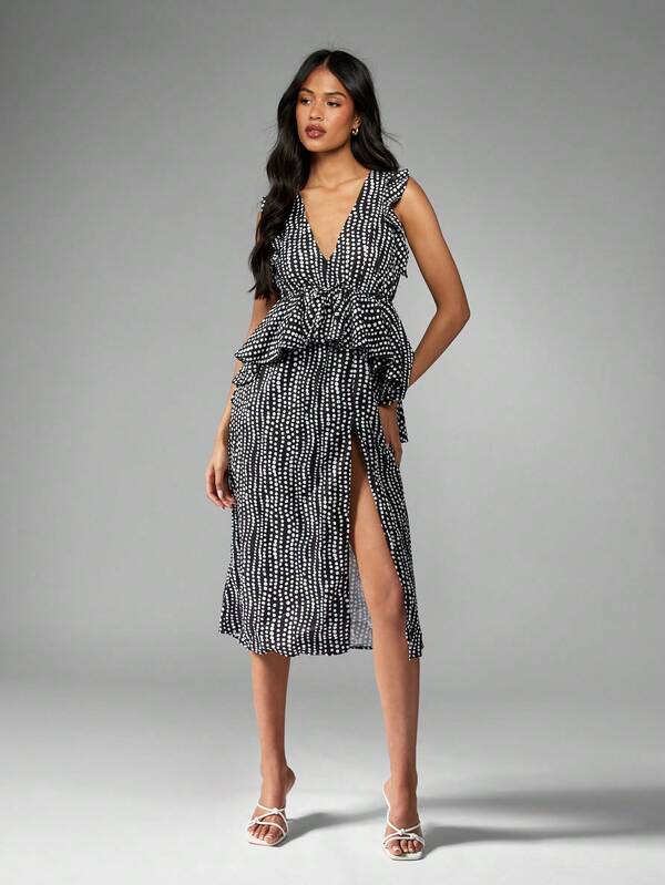 Missguided MISSGUIDED Elegant Polka Dot Ruffle Peplum High Slit V-Neck Midi Dress