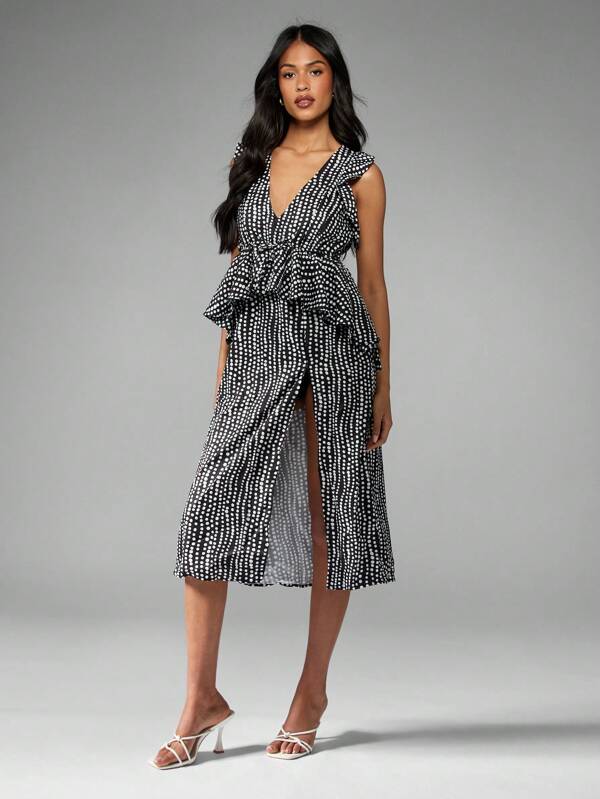 missguided MISSGUIDED Elegant Polka Dot Ruffle Peplum High Slit V-Neck Midi Dress