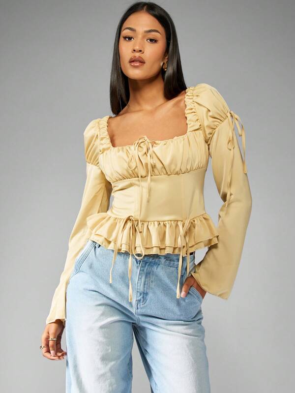 missguided MISSGUIDED Elegant Puff Sleeve Corset Empire Waist Blouse