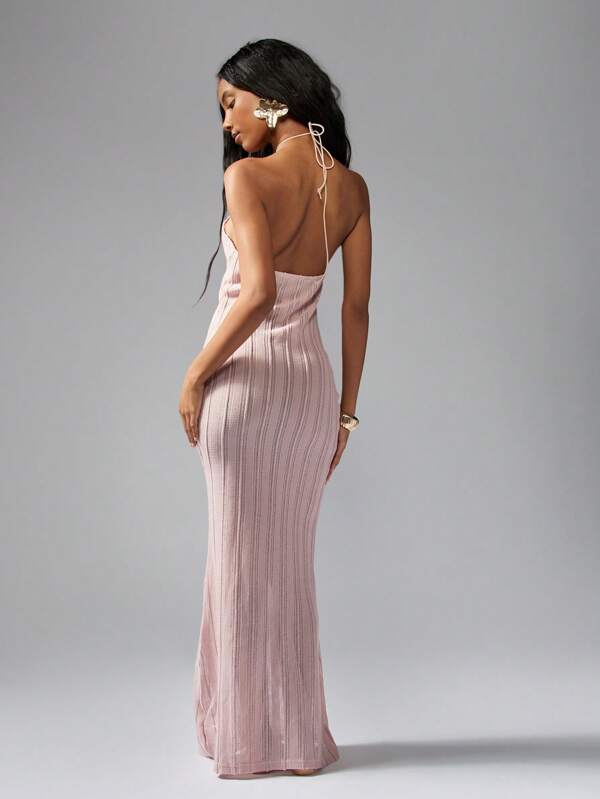 Missguided MISSGUIDED Elegant Ribbed Knit Halter Neck Maxi Dress