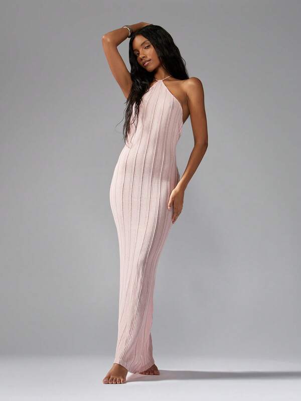 Missguided MISSGUIDED Elegant Ribbed Knit Halter Neck Maxi Dress