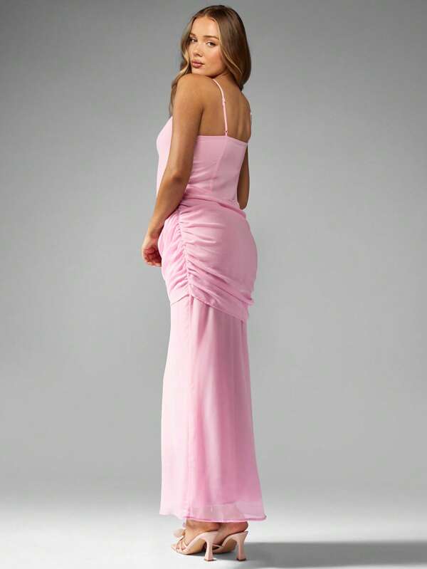 Missguided MISSGUIDED Elegant Ruched Side Spaghetti Strap Floor Length Women Maxi Dress
