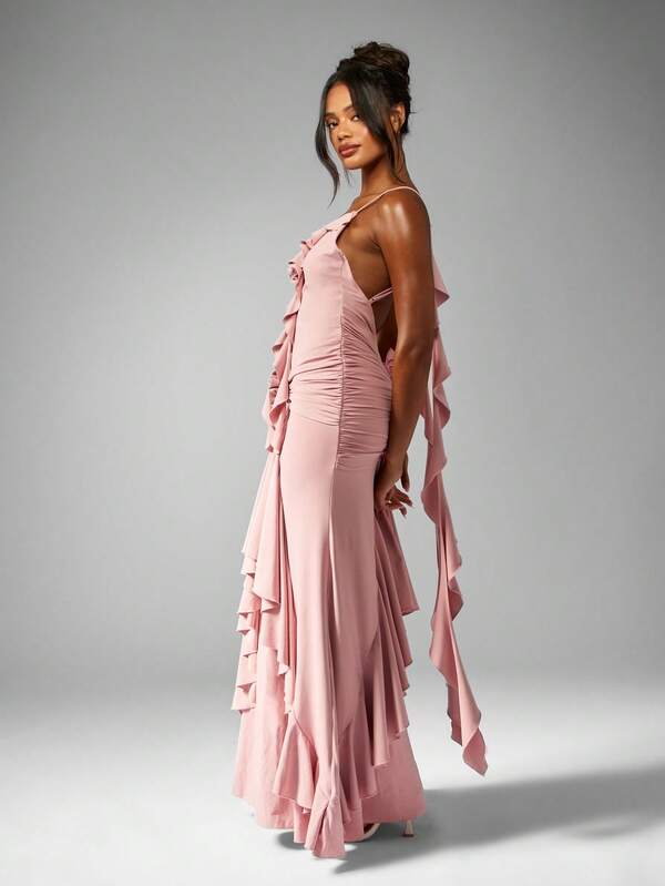 Missguided MISSGUIDED Elegant Ruffle Cascade Satin Feel Maxi Dress