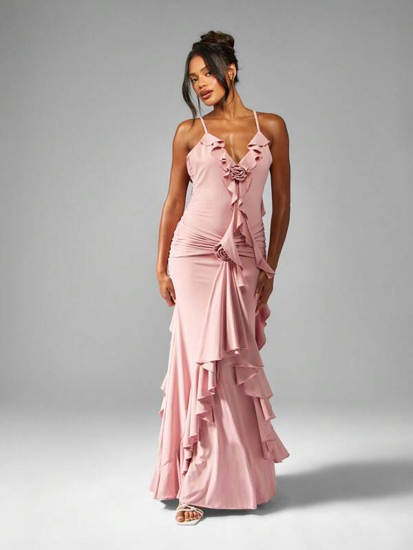 missguided MISSGUIDED Elegant Ruffle Cascade Satin Feel Maxi Dress