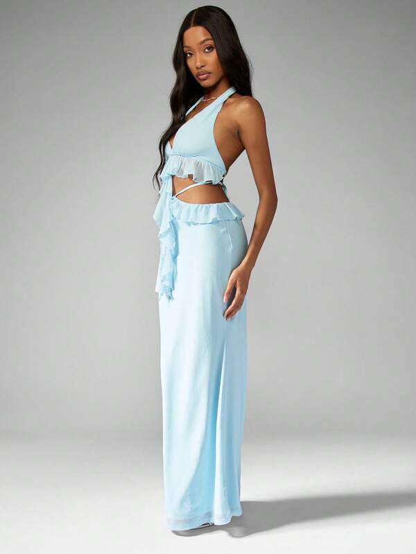 Missguided MISSGUIDED Elegant Ruffle Halter Mesh Maxi Two-Piece Outfits