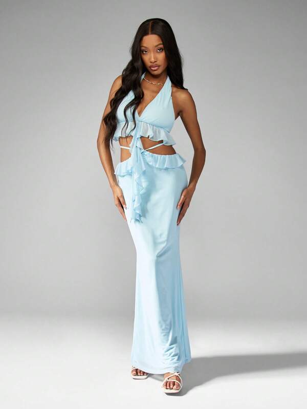 missguided MISSGUIDED Elegant Ruffle Halter Mesh Maxi Two-Piece Outfits