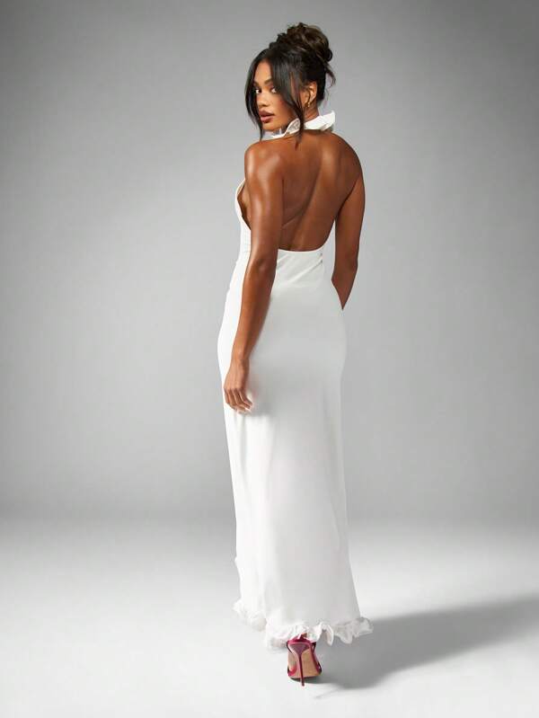 Missguided MISSGUIDED Elegant Ruffle Halter Neck Maxi Dress With Split Floor Length