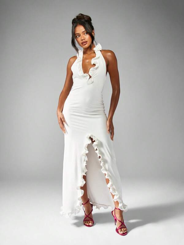 missguided MISSGUIDED Elegant Ruffle Halter Neck Maxi Dress With Split Floor Length