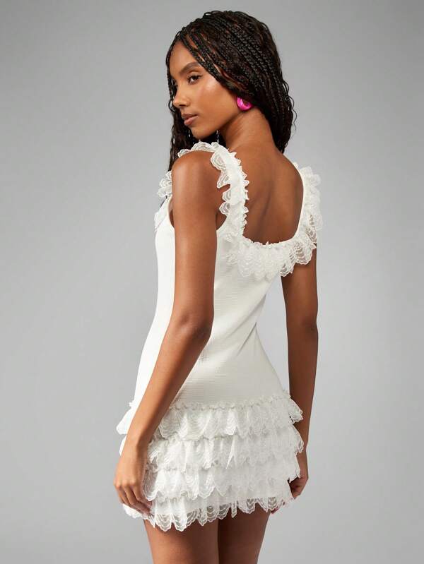 Missguided MISSGUIDED Elegant Ruffle Lace Trim Tiered Mini Dress
