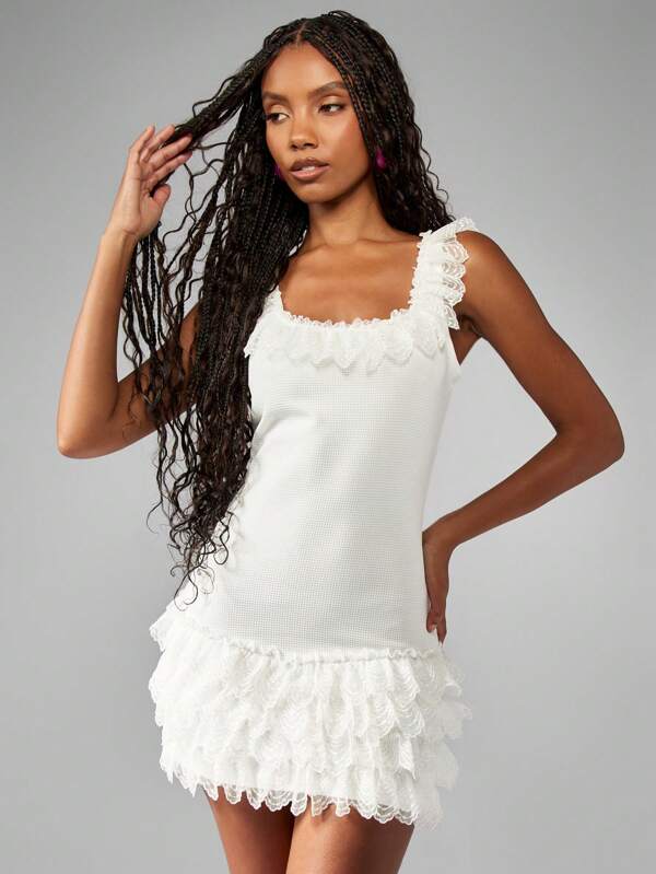 missguided MISSGUIDED Elegant Ruffle Lace Trim Tiered Mini Dress