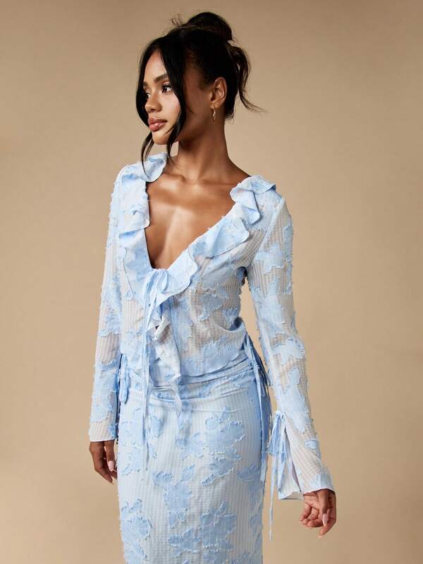 Missguided MISSGUIDED Elegant Ruffle Trim Long Sleeve Maxi Gingham Two Piece Set