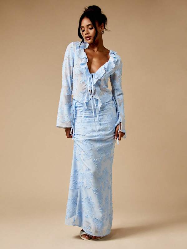 missguided MISSGUIDED Elegant Ruffle Trim Long Sleeve Maxi Gingham Two Piece Set