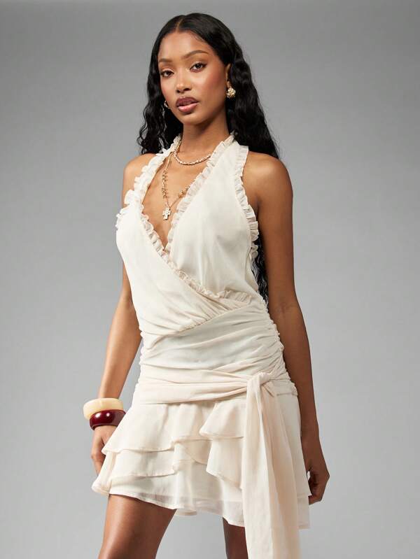 missguided MISSGUIDED Elegant Ruffle Trim Wrap Mini Dress With Tiered Skirt