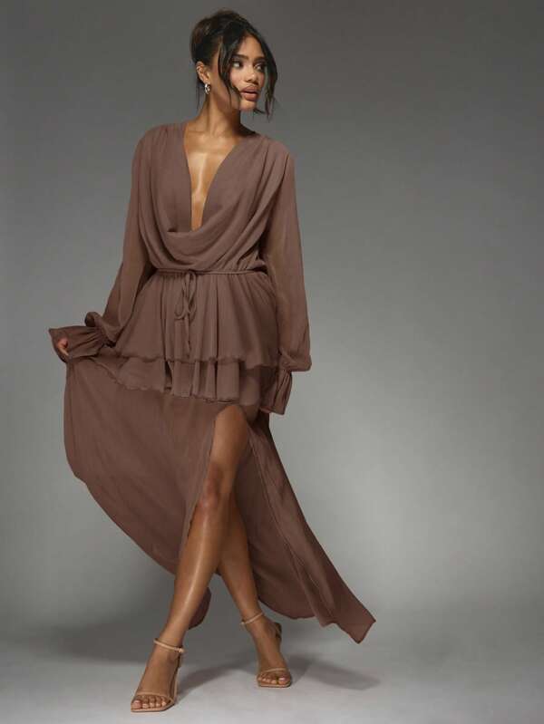 Missguided MISSGUIDED Elegant Ruffled Cowl Neck Maxi Dress With Long Bishop Sleeves