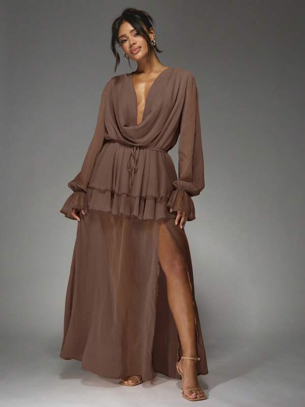 missguided MISSGUIDED Elegant Ruffled Cowl Neck Maxi Dress With Long Bishop Sleeves