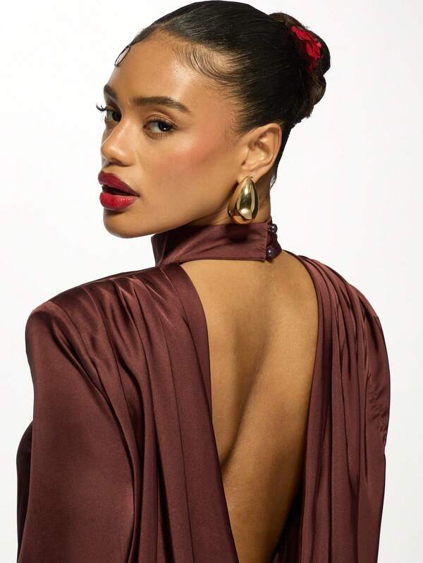 Missguided MISSGUIDED Elegant Satin Backless Turtleneck Mini Dress