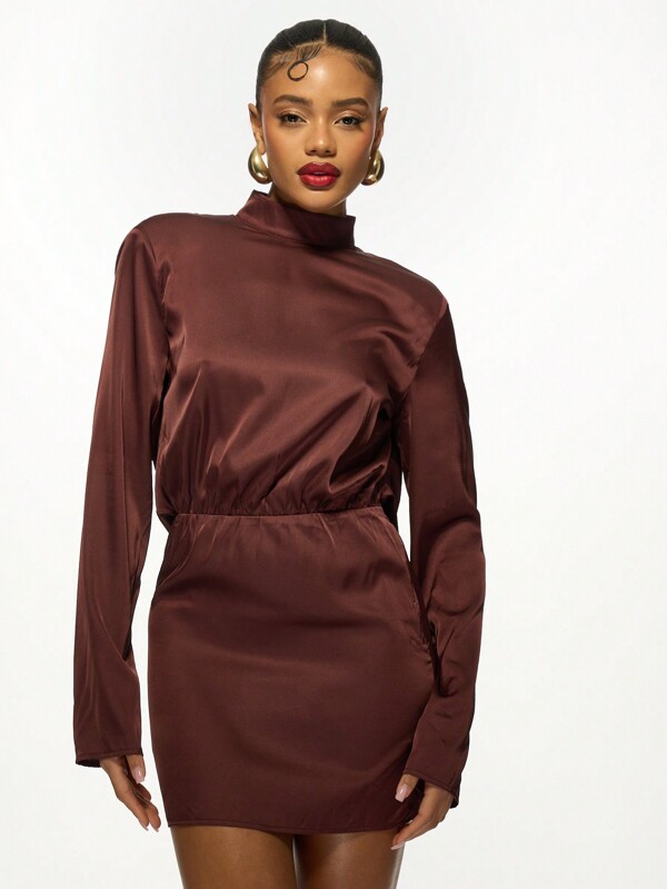 missguided MISSGUIDED Elegant Satin Backless Turtleneck Mini Dress