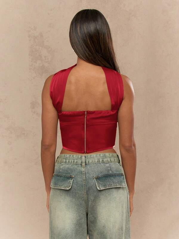 Missguided MISSGUIDED Elegant Satin Bandeau Corset Strapless Crop Top With Neck Tie