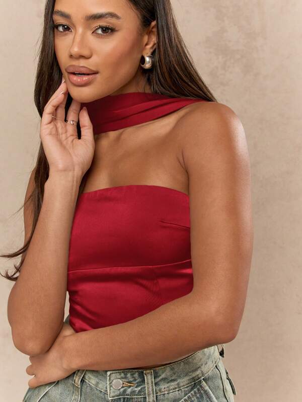 Missguided MISSGUIDED Elegant Satin Bandeau Corset Strapless Crop Top With Neck Tie