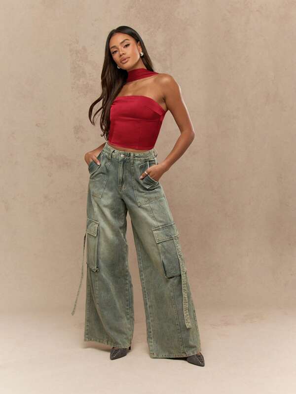 Missguided MISSGUIDED Elegant Satin Bandeau Corset Strapless Crop Top With Neck Tie