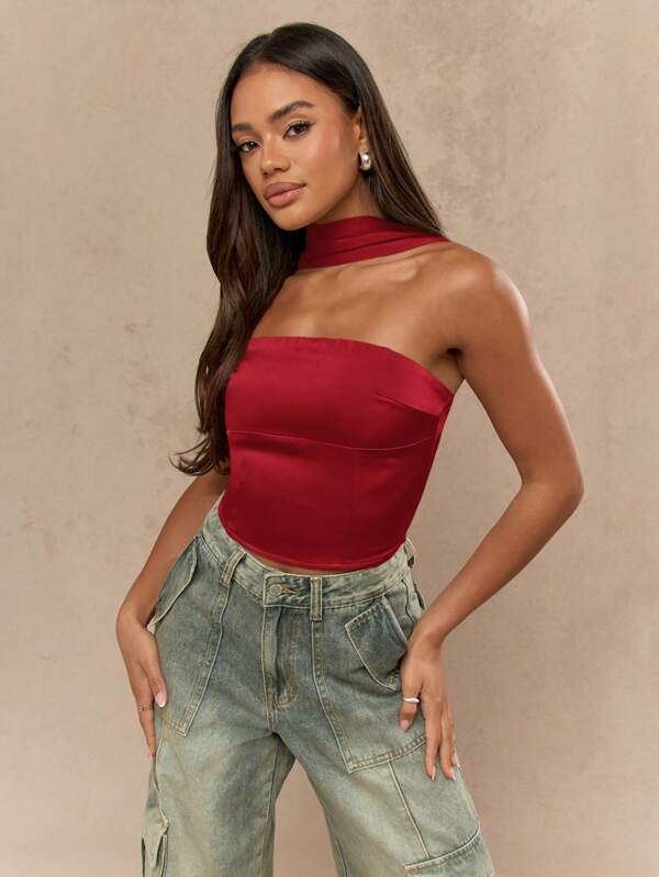 missguided MISSGUIDED Elegant Satin Bandeau Corset Strapless Crop Top With Neck Tie