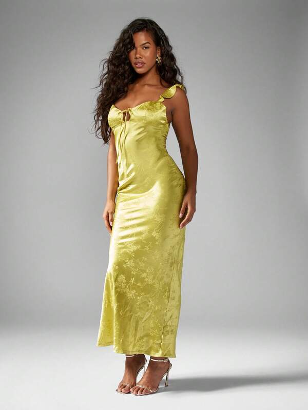 Missguided MISSGUIDED Elegant Satin Jacquard Bias Cut Ruffle Straps Maxi Dress