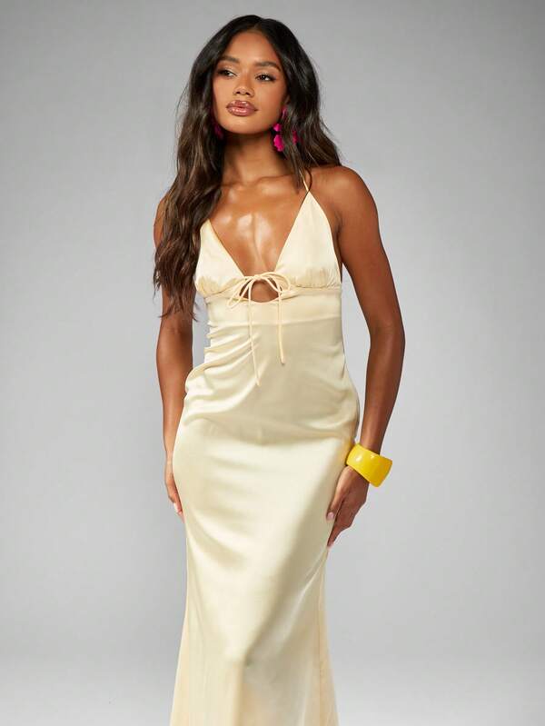Missguided MISSGUIDED Elegant Satin Slip Maxi Dress V-Neck Empire Waist