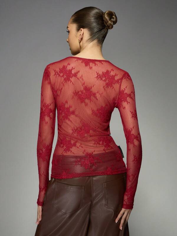 Missguided MISSGUIDED Elegant Sheer Lace Long Sleeve Blouse
