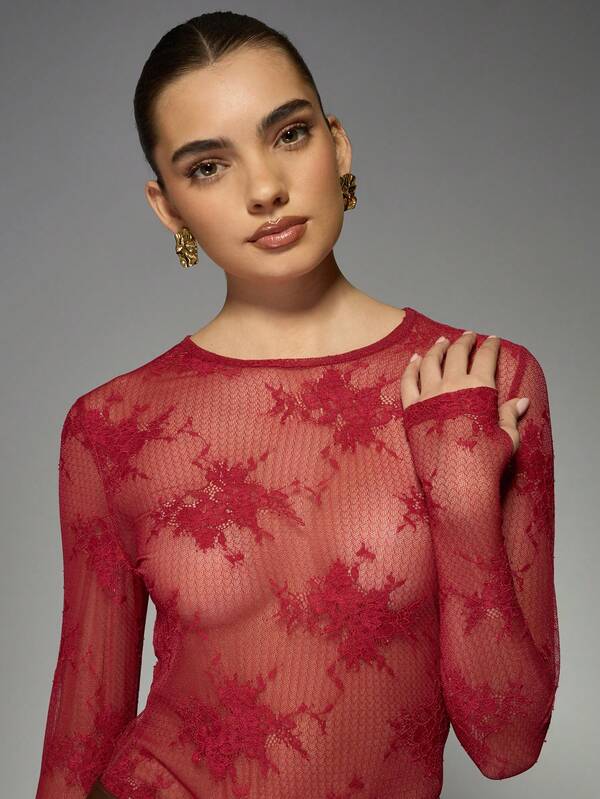 Missguided MISSGUIDED Elegant Sheer Lace Long Sleeve Blouse