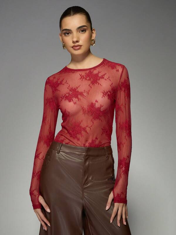 missguided MISSGUIDED Elegant Sheer Lace Long Sleeve Blouse
