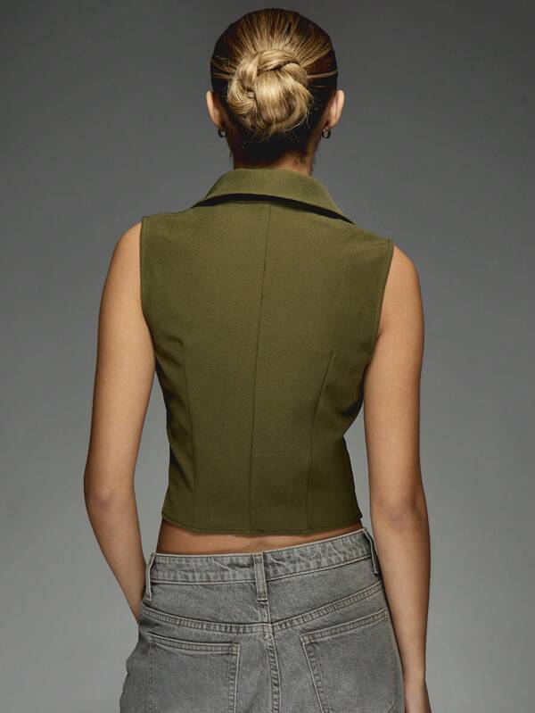 Missguided MISSGUIDED Elegant Sleeveless Military Green Button-Front Vest Top Irish-Themed Professional Formal Spring Office Wear Lucky Charm Statement Piece
