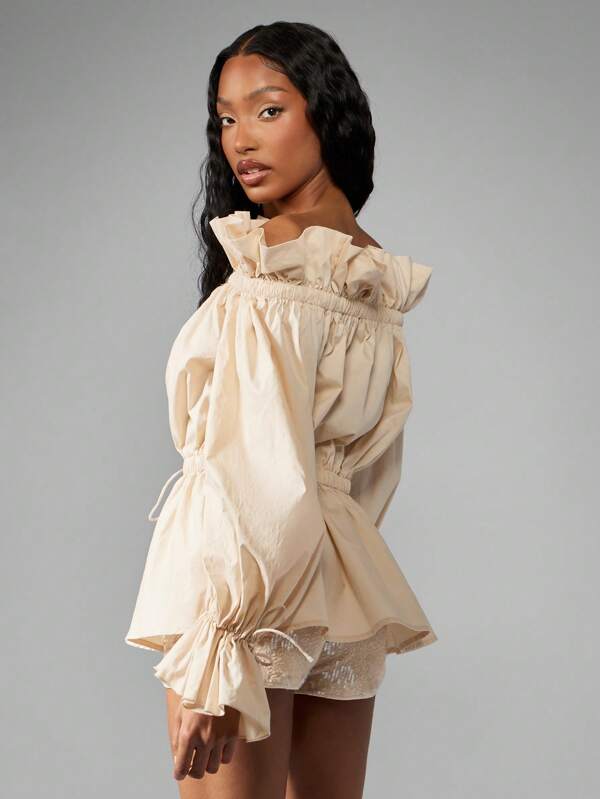 Missguided MISSGUIDED Elegant Statement Puff Sleeve Ruffle Blouse With Shirred Waist